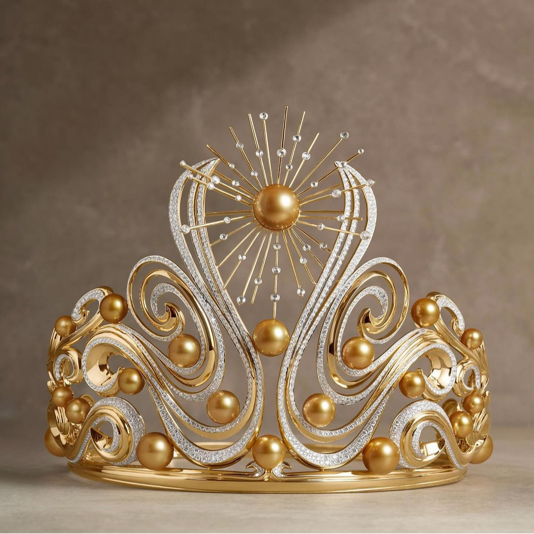 The Lumière de l'Infini Crown showcases the Philippines' South Sea Pearl, the national gem, adorned with diamonds in wave-like patterns. At the center, the lone golden pearl serves as the pièce de résistance, resembling a sun with diamond-filled rays.